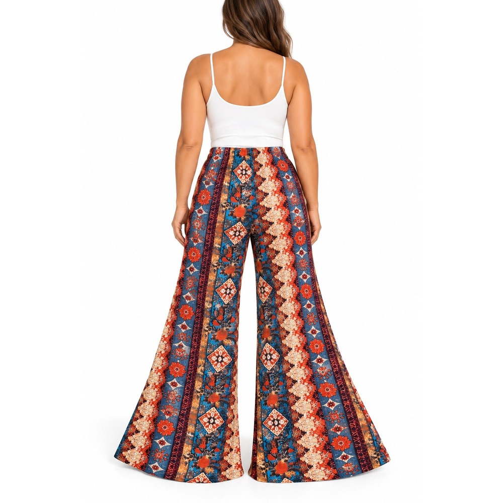 SHEIN Boho Floral Paisley Print Flare Pants Blue Orange Wide Leg Small 4